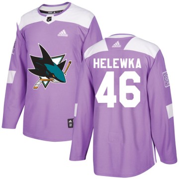 Authentic Adidas Men's Adam Helewka San Jose Sharks Hockey Fights Cancer Jersey - Purple