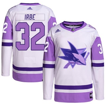 Authentic Adidas Men's Arturs Irbe San Jose Sharks Hockey Fights Cancer Primegreen Jersey - White/Purple