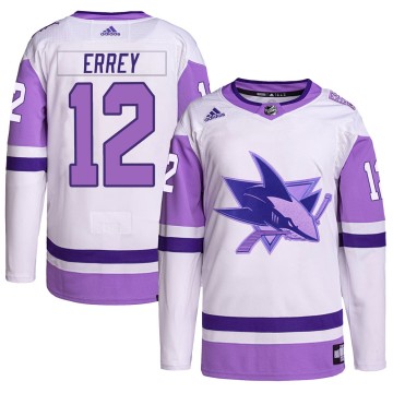 Authentic Adidas Men's Bob Errey San Jose Sharks Hockey Fights Cancer Primegreen Jersey - White/Purple