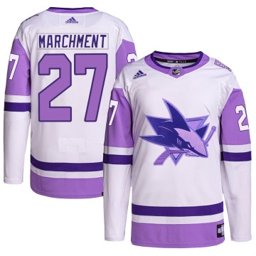 Authentic Adidas Men's Bryan Marchment San Jose Sharks Hockey Fights Cancer Primegreen Jersey - White/Purple