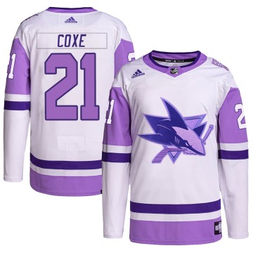 Authentic Adidas Men's Craig Coxe San Jose Sharks Hockey Fights Cancer Primegreen Jersey - White/Purple