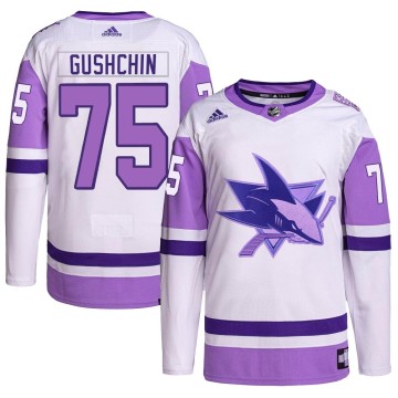 Authentic Adidas Men's Danil Gushchin San Jose Sharks Hockey Fights Cancer Primegreen Jersey - White/Purple
