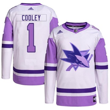 Authentic Adidas Men's Devin Cooley San Jose Sharks Hockey Fights Cancer Primegreen Jersey - White/Purple