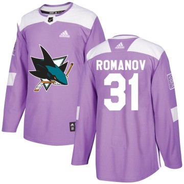 Authentic Adidas Men's Georgi Romanov San Jose Sharks Hockey Fights Cancer Jersey - Purple