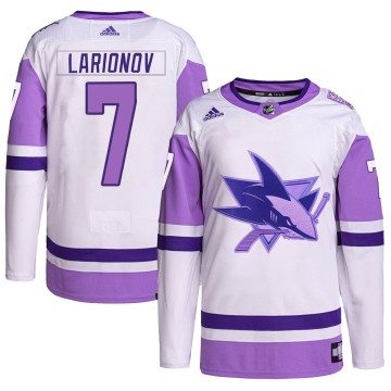 Authentic Adidas Men's Igor Larionov San Jose Sharks Hockey Fights Cancer Primegreen Jersey - White/Purple