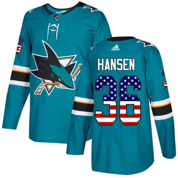 Authentic Adidas Men's Jannik Hansen San Jose Sharks Teal USA Flag Fashion Jersey - Green