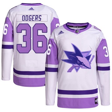 Authentic Adidas Men's Jeff Odgers San Jose Sharks Hockey Fights Cancer Primegreen Jersey - White/Purple