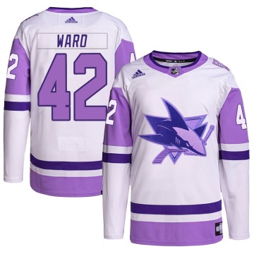 Authentic Adidas Men's Joel Ward San Jose Sharks Hockey Fights Cancer Primegreen Jersey - White/Purple
