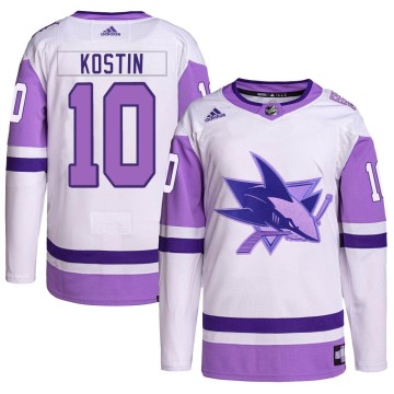 Authentic Adidas Men's Klim Kostin San Jose Sharks Hockey Fights Cancer Primegreen Jersey - White/Purple