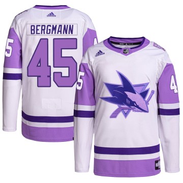 Authentic Adidas Men's Lean Bergmann San Jose Sharks Hockey Fights Cancer Primegreen Jersey - White/Purple