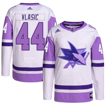 Authentic Adidas Men's Marc-Edouard Vlasic San Jose Sharks Hockey Fights Cancer Primegreen Jersey - White/Purple