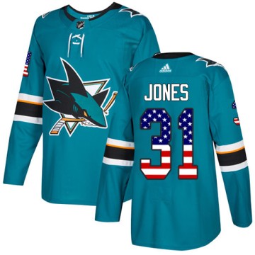 Authentic Adidas Men's Martin Jones San Jose Sharks Teal USA Flag Fashion Jersey - Green
