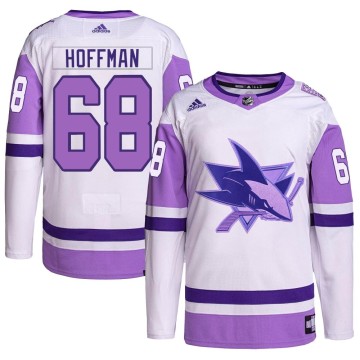 Authentic Adidas Men's Mike Hoffman San Jose Sharks Hockey Fights Cancer Primegreen Jersey - White/Purple