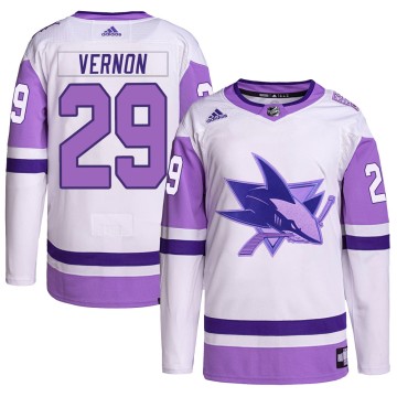 Authentic Adidas Men's Mike Vernon San Jose Sharks Hockey Fights Cancer Primegreen Jersey - White/Purple