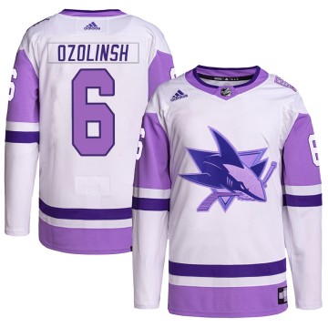 Authentic Adidas Men's Sandis Ozolinsh San Jose Sharks Hockey Fights Cancer Primegreen Jersey - White/Purple