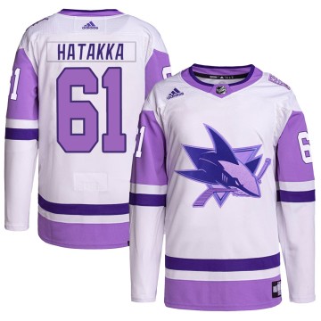 Authentic Adidas Men's Santeri Hatakka San Jose Sharks Hockey Fights Cancer Primegreen Jersey - White/Purple