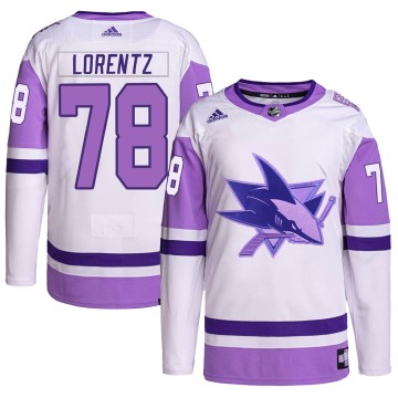 Authentic Adidas Men's Steven Lorentz San Jose Sharks Hockey Fights Cancer Primegreen Jersey - White/Purple