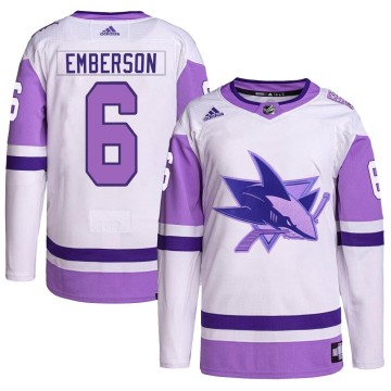 Authentic Adidas Men's Ty Emberson San Jose Sharks Hockey Fights Cancer Primegreen Jersey - White/Purple