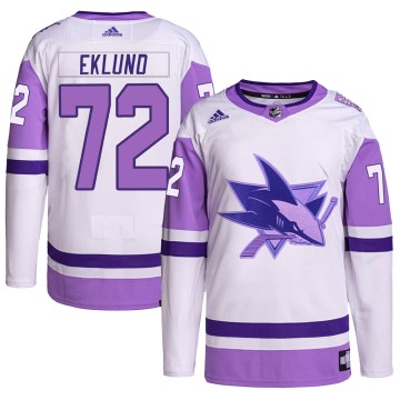 Authentic Adidas Men's William Eklund San Jose Sharks Hockey Fights Cancer Primegreen Jersey - White/Purple