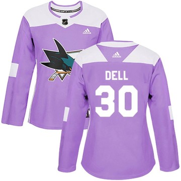 Authentic Adidas Women's Aaron Dell San Jose Sharks Hockey Fights Cancer Jersey - Purple