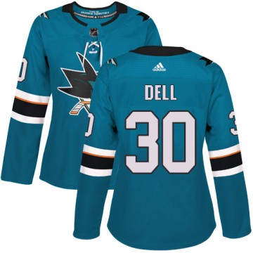 Authentic Adidas Women's Aaron Dell San Jose Sharks Teal Home Jersey - Green