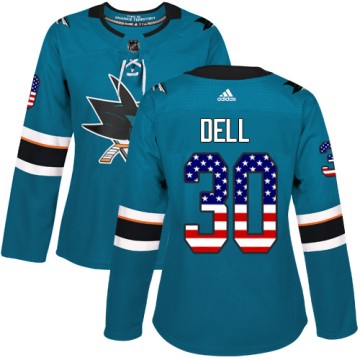 Authentic Adidas Women's Aaron Dell San Jose Sharks Teal USA Flag Fashion Jersey - Green