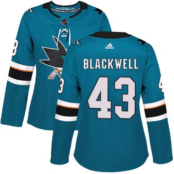Authentic Adidas Women's Colin Blackwell San Jose Sharks Teal Home Jersey - Black