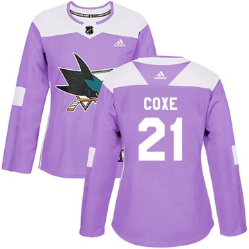 Authentic Adidas Women's Craig Coxe San Jose Sharks Hockey Fights Cancer Jersey - Purple