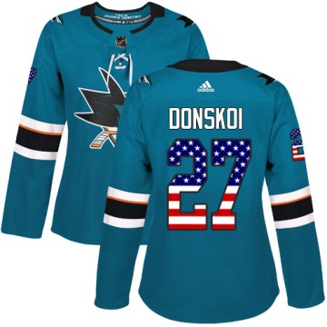 Authentic Adidas Women's Joonas Donskoi San Jose Sharks Teal USA Flag Fashion Jersey - Green