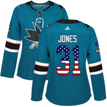 Authentic Adidas Women's Martin Jones San Jose Sharks Teal USA Flag Fashion Jersey - Green