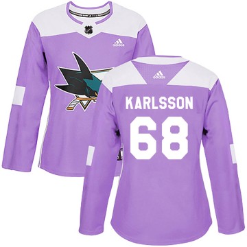 Authentic Adidas Women's Melker Karlsson San Jose Sharks Hockey Fights Cancer Jersey - Purple