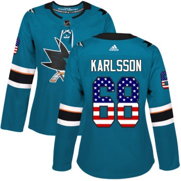 Authentic Adidas Women's Melker Karlsson San Jose Sharks Teal USA Flag Fashion Jersey - Green