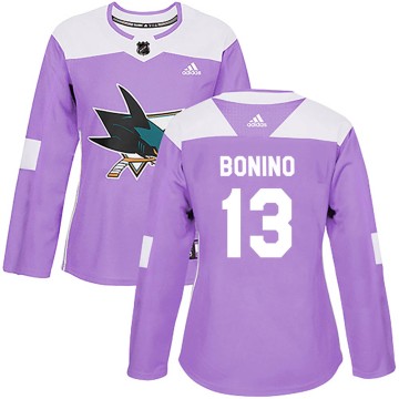 Authentic Adidas Women's Nick Bonino San Jose Sharks Hockey Fights Cancer Jersey - Purple