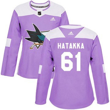Authentic Adidas Women's Santeri Hatakka San Jose Sharks Hockey Fights Cancer Jersey - Purple