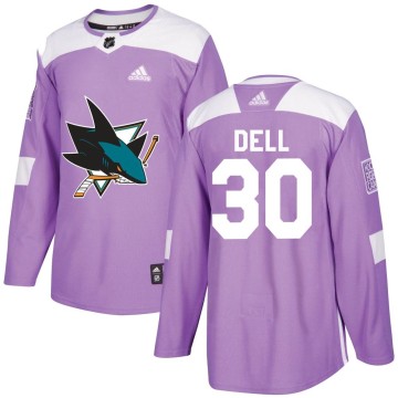 Authentic Adidas Youth Aaron Dell San Jose Sharks Hockey Fights Cancer Jersey - Purple