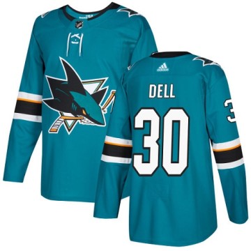 Authentic Adidas Youth Aaron Dell San Jose Sharks Teal Home Jersey - Green
