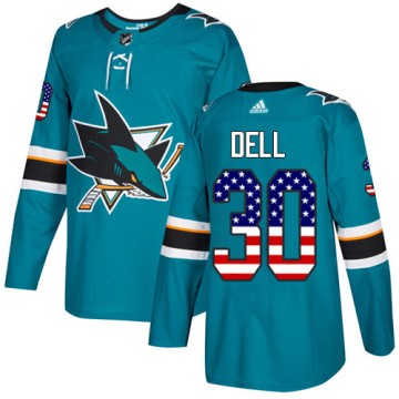 Authentic Adidas Youth Aaron Dell San Jose Sharks Teal USA Flag Fashion Jersey - Green