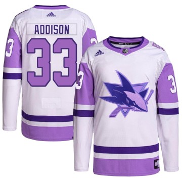 Authentic Adidas Youth Calen Addison San Jose Sharks Hockey Fights Cancer Primegreen Jersey - White/Purple