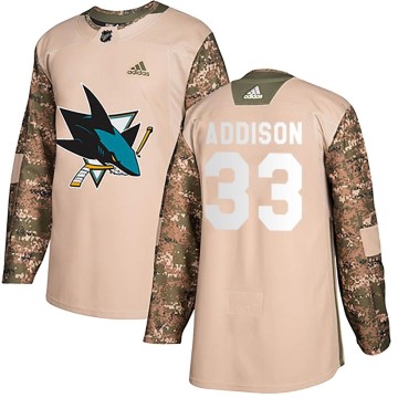 Authentic Adidas Youth Calen Addison San Jose Sharks Veterans Day Practice Jersey - Camo