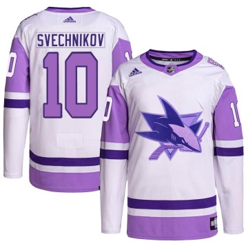 Authentic Adidas Youth Evgeny Svechnikov San Jose Sharks Hockey Fights Cancer Primegreen Jersey - White/Purple