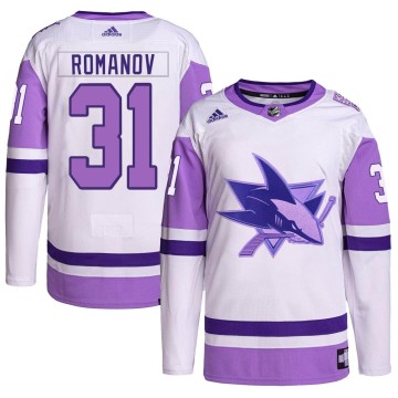 Authentic Adidas Youth Georgi Romanov San Jose Sharks Hockey Fights Cancer Primegreen Jersey - White/Purple