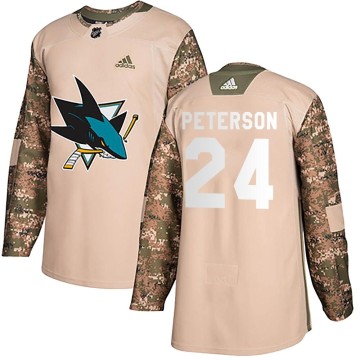 Authentic Adidas Youth Jacob Peterson San Jose Sharks Veterans Day Practice Jersey - Camo