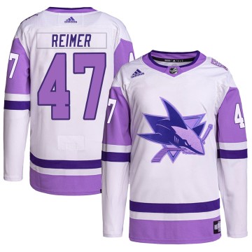 Authentic Adidas Youth James Reimer San Jose Sharks Hockey Fights Cancer Primegreen Jersey - White/Purple