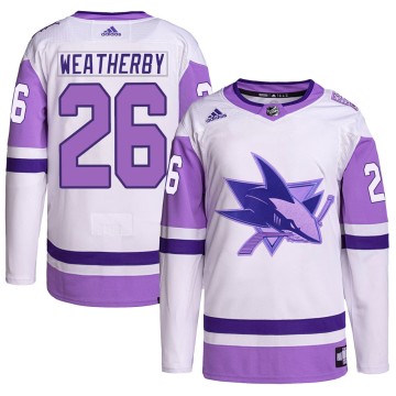 Authentic Adidas Youth Jasper Weatherby San Jose Sharks Hockey Fights Cancer Primegreen Jersey - White/Purple
