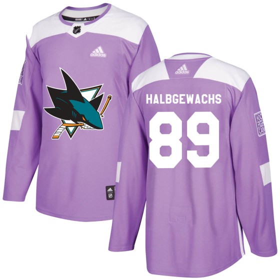 Authentic Adidas Youth Jayden Halbgewachs San Jose Sharks Hockey Fights Cancer Jersey - Purple