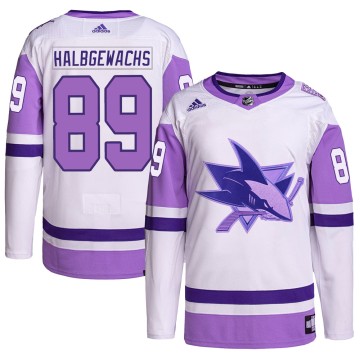 Authentic Adidas Youth Jayden Halbgewachs San Jose Sharks Hockey Fights Cancer Primegreen Jersey - White/Purple