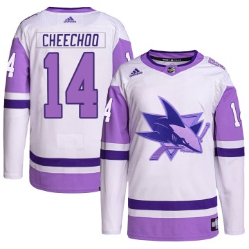 Authentic Adidas Youth Jonathan Cheechoo San Jose Sharks Hockey Fights Cancer Primegreen Jersey - White/Purple