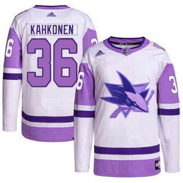 Authentic Adidas Youth Kaapo Kahkonen San Jose Sharks Hockey Fights Cancer Primegreen Jersey - White/Purple