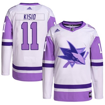 Authentic Adidas Youth Kelly Kisio San Jose Sharks Hockey Fights Cancer Primegreen Jersey - White/Purple