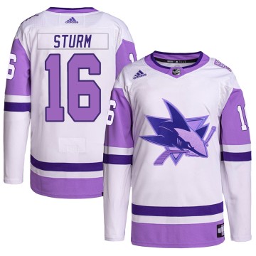 Authentic Adidas Youth Marco Sturm San Jose Sharks Hockey Fights Cancer Primegreen Jersey - White/Purple